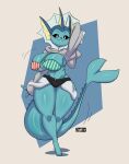  2022 absurd_res anthro big_breasts breasts clothed clothing eeveelution female generation_1_pokemon hand_behind_head hi_res joaoppereiraus looking_at_viewer nintendo pokemon pokemon_(species) signature siki simple_background smile thick_thighs vaporeon video_games 