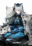  1girl animal_ear_fluff animal_ears arknights bangs blue_coat blue_eyes blue_gloves blue_headwear braid capelet character_name coat commentary fur-trimmed_capelet fur_trim gloves gold_necklace grey_hair hair_between_eyes hair_ornament hand_on_animal highres jewelry leopard_ears leopard_girl long_hair long_sleeves looking_at_viewer necklace official_alternate_costume parted_lips pekopeco petting pramanix_(arknights) pramanix_(caster&#039;s_frost)_(arknights) single_braid sitting snow_leopard solo 