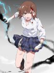  1girl absurdres angry black_socks blood blood_on_clothes blood_on_face blue_skirt brown_eyes brown_footwear brown_hair collarbone collared_shirt electricity electrokinesis flower foot_out_of_frame gradient gradient_background grey_background hair_flower hair_ornament highres long_sleeves looking_at_viewer misaka_mikoto open_mouth psychic science_fiction shirt shorts shorts_under_skirt simple_background skirt socks solo takatisakana teeth toaru_kagaku_no_railgun toaru_majutsu_no_index torn_clothes torn_shirt torn_skirt v-shaped_eyebrows white_flower white_shirt white_shorts 