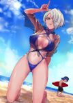  1boy 1girl absurdres angel_(kof) arm_up bangs beach black_nails blue_eyes blue_hair blue_one-piece_swimsuit breasts commentary eyewear_on_head finger_horns hair_over_one_eye highres krohnen looking_at_viewer navel ocean one_eye_covered sand short_hair surfboard swimsuit the_king_of_fighters white_hair yuu_(primenumber7) 