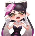  1girl bare_shoulders black_hair blush breasts callie_(splatoon) cleavage cross-shaped_pupils detached_collar earrings fangs food food_on_head gloves gradient_hair hands_up highres jewelry long_hair looking_at_viewer medium_breasts mole mole_under_eye multicolored_hair object_on_head orange_eyes pointy_ears puchiman purple_hair simple_background solo splatoon_(series) splatoon_1 suction_cups teeth tentacle_hair two-tone_hair white_background white_gloves 