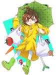  1girl absurdres aqua_background bag blush_stickers boots brown_eyes brown_hair can carrot ebora full_body gekota green_footwear green_umbrella heart highres holding holding_bag holding_umbrella long_sleeves looking_at_viewer misaka_imouto open_mouth pantyhose plastic_bag raw_meat rubber_boots short_hair simple_background solo spring_onion toaru_kagaku_no_railgun toaru_majutsu_no_index tomato umbrella v-shaped_eyebrows white_background white_bag white_pantyhose yellow_raincoat 