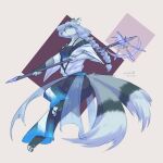  2022 anthro blue_hair braided_hair breasts canid canine clothing digital_media_(artwork) dipstick_tail eddy_(atypicalicemage) female fox hair hi_res holding_object holding_staff mammal markings multi_tail pawpads simple_background smile solo staff tail_markings trololohstuffs 
