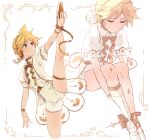 1boy ballet_slippers bangs blonde_hair blue_eyes bow bowtie choker closed_eyes collared_shirt expressionless framed gold_trim headphones highres holding_own_foot hugging_own_legs kagamine_len knees_up legs_together miku_symphony_(vocaloid) multiple_views nail_polish nifffi official_alternate_costume ponytail puffy_sleeves ribbon see-through shirt short_ponytail shorts sitting smile split standing standing_on_one_leg standing_split vocaloid wristband 