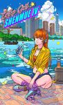  1980s_(style) 1girl absurdres bangs blue_sky breasts brick_road building bush chinese_text cityscape cleavage cloud collared_shirt crossed_legs dated day denim denim_shorts english_text fishing_rod green_eyes headphones highres holding jewelry joy_(shenmue) kohji long_hair long_sleeves looking_at_viewer loose_socks midriff necklace orange_hair outdoors purple_socks retro_artstyle roller_skates sega shenmue shenmue_ii shirt shorts sidelocks signature sitting skates sky skyscraper sleeves_rolled_up smile socks soda_bottle solo star_(symbol) thighs tied_shirt walkman water yellow_shirt 
