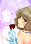  1girl alcohol blue_eyes blue_gloves cup drinking_glass floral_print from_behind gloves green_eyes halterneck heterochromia idolmaster idolmaster_cinderella_girls light_brown_hair looking_at_viewer medium_hair mole mole_under_eye profile solo takagaki_kaede upper_body wine wine_glass yakou_kino zoom_layer 