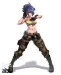  1girl abs ammunition_pouch animated animated_gif armlet bare_shoulders belt biceps blue_eyes blue_hair breasts camouflage camouflage_pants character_name crop_top dog_tags earrings full_body glint gloves highres how_to jewelry large_breasts leona_heidern looking_at_viewer making-of mar10 midriff military military_uniform muscular muscular_female navel pants ponytail pouch shadow sleeveless solo standing tank_top the_king_of_fighters the_king_of_fighters_xv triangle_earrings uniform white_background yellow_tank_top 
