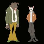  2022 animated anthro baggy_pants biped black_background black_hair blazer bomber_jacket boots brown_body brown_fur canid canine canis clothing digital_media_(artwork) disco_elysium domestic_cat domestic_dog duo eyewear felid feline felis footwear fur glasses hair harrier_du_bois imgaywasp kim_kitsuragi male mammal necktie round_glasses shirt simple_background topwear white_body white_fur 