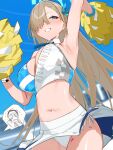  1girl arm_up armpits asuna_(blue_archive) blue_archive blue_eyes blue_ribbon blue_sky blurry blurry_background blush breasts cosplay crop_top eyeliner grin hair_over_one_eye hair_ribbon halo hibiki_(blue_archive) hibiki_(cheerleader)_(blue_archive) hibiki_(cheerleader)_(blue_archive)_(cosplay) highres kare_huang large_breasts light_brown_hair long_hair makeup midriff navel outdoors panties pom_pom_(cheerleading) ribbon skirt sky smile solo underwear white_panties white_skirt 