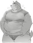 anthro bandanna belly blush bodily_fluids bulge canid canine canis clothing domestic_dog eyebrows kerchief lifewonders live-a-hero male mammal mokdai nipple_outline overweight shirt solo sv_grart sweat t-shirt thick_eyebrows topwear underwear video_games 