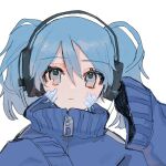  1girl blue_eyes blue_hair blue_jacket closed_mouth ene_(kagerou_project) hair_between_eyes headphones high_collar highres jacket kagerou_project light_blush long_sleeves nmuy portrait simple_background sleeves_past_fingers sleeves_past_wrists solo track_jacket twintails white_background 