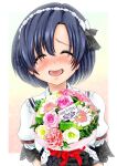  1girl black_gloves black_hair blush bouquet closed_eyes flower gloves hairband happy_birthday holding holding_bouquet idolmaster idolmaster_cinderella_girls medium_hair pink_flower pink_rose rose shiragiku_hotaru solo upper_body white_hairband yakou_kino 