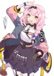  1girl :d animal_ears arknights arm_up bangs black_hairband black_skirt blue_bow bow braid cat_ears cat_tail commentary_request cowboy_shot garter_straps goldenglow_(arknights) hair_bow hairband highres jacket long_sleeves looking_at_viewer medium_hair open_clothes open_jacket open_mouth pink_hair shirt simple_background skirt smile solo standing tail thighhighs twilight_(cgkk4357) white_background white_shirt white_thighhighs yellow_eyes 