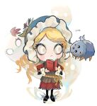  1girl blonde_hair bonnet book character_request chibi dated don&#039;t_starve dress drill_hair eyelashes flower holding holding_book korean_commentary kumo_(kumo_hsc0216) long_hair long_sleeves monster red_dress simple_background standing white_background white_flower 