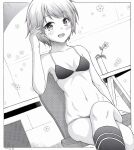  1girl bikini breasts chair cleavage crossed_legs dated greyscale h2_(h20000000) kantai_collection kneehighs mogami_(kancolle) monochrome navel open_mouth short_hair signature sitting small_breasts smile socks solo swimsuit vase 