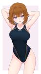  1girl absurdres alternate_costume arms_behind_head ass_visible_through_thighs border breasts brown_hair competition_swimsuit covered_navel girls&#039;_frontline gotoo grizzly_mkv_(girls&#039;_frontline) highleg highleg_swimsuit highres large_breasts light_blush looking_at_viewer medium_hair one-piece_swimsuit outside_border purple_background purple_eyes smile solo swimsuit thighs white_background white_border 