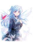  1girl belt blue_eyes blue_hair bug butterfly butterfly_wings chtholly_nota_seniorious closed_mouth commentary hand_on_own_chest looking_at_viewer military military_uniform official_art shuumatsu_nani_shitemasu_ka? smile solo two_side_up ue uniform wings 