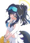  1girl absurdres animal_ears bangs bare_arms bare_shoulders black_hair blue_archive blush breasts cleavage crop_top dog_ears dog_tail extra_ears flying_sweatdrops god_razor goggles goggles_on_head halo hibiki_(blue_archive) hibiki_(cheerleader)_(blue_archive) highres holding holding_pom_poms looking_at_viewer medium_breasts open_mouth pom_pom_(cheerleading) sidelocks simple_background skirt solo star_(symbol) tail v_arms white_background white_skirt 