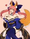  1girl absurdres animal_ears bare_shoulders blue_bow blue_thighhighs blush bow breasts brown_eyes cleavage detached_sleeves fangs fate/grand_order fate_(series) fox_ears fox_girl fox_tail hair_bow heart highres large_breasts long_hair looking_at_viewer open_mouth pink_hair smile solo tail tamamo_(fate) tamamo_no_mae_(fate/extra) teeth the_scarlet_devil thighhighs twintails upper_teeth 