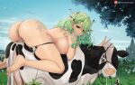  1girl animal_ears antlers ass bangs barefoot braid breasts ceres_fauna cow cow_ears day earrings extra_ears fake_animal_ears greatodoggo green_hair highres hololive hololive_english jewelry large_breasts long_hair looking_at_viewer looking_to_the_side mole mole_under_eye multicolored_hair outdoors panties panty_pull pussy pussy_juice solo streaked_hair uncensored underwear yellow_eyes 