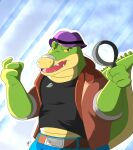  2021 alligator alligatorid anthro bottomwear bowsarthekoopa brok_(character) brok_the_investigator clothing crocodilian hat headgear headwear hi_res humanoid_hands magnifying_glass male pants reptile scalie shirt slightly_chubby solo topwear video_games 