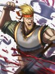  1boy absurdres armor axe bandana blonde_hair blood chainmail dual_wielding fighting_stance highres holding male_focus siorudo_origin thorkell tunic viking vinland_saga weapon 