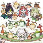  2boys 3girls ? animal_ear_fluff animal_ears aranara_(genshin_impact) arataki_itto black_hair blue_eyes character_name chibi closed_eyes collei_(genshin_impact) easel english_commentary fox_boy fox_ears genshin_impact green_hair grey_hair hair_ornament headdress holding holding_leaf horns leaf long_hair multicolored_hair multiple_boys multiple_girls nahida_(genshin_impact) nilou_(genshin_impact) open_mouth paintbrush ponytail red_hair side_ponytail sitting streaked_hair sumipic tassel tears tighnari_(genshin_impact) twitter_username veil vision_(genshin_impact) 