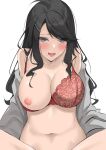  1girl absurdres artist_name bangs black_hair blush bra breasts byeon eyes_visible_through_hair grey_eyes grey_shirt hair_ornament hairclip highres ibu_wulan implied_sex large_breasts long_hair looking_at_viewer mature_female mole mole_under_mouth navel nipples one_breast_out open_clothes open_mouth open_shirt original red_bra shirt simple_background sitting solo spread_legs swept_bangs underwear white_background 