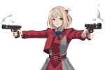  1girl bangs belt blonde_hair blue_bow blue_ribbon bow casing_ejection collared_shirt dress dual_wielding finger_on_trigger firing gar32 grey_dress gun hair_ribbon handgun highres holding holding_gun holding_weapon long_sleeves lycoris_recoil lycoris_uniform m1911 neck_ribbon nishikigi_chisato pleated_dress red_belt red_dress red_eyes red_ribbon ribbon shell_casing shirt short_hair smoke smoking_gun solo two-tone_dress weapon white_background white_shirt 