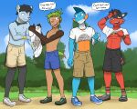  anthro anthrofied bottomwear chespin cid_(fuze) clothed clothing clothing_lift crop_top dialogue english_text footwear fuze gao_(fuze) generation_3_pokemon generation_4_pokemon generation_6_pokemon generation_7_pokemon group hi_res kai_(fuze) lucas_(fuze) male marshtomp midriff navel nintendo nipples pokemon pokemon_(species) pokemorph shinx shirt shirt_lift shoes shorts socks t-shirt text topless topwear torn_clothing torracat video_games wiping_forehead 