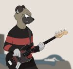  2021 3_fingers aggressive_retsuko anthro bed bed_sheet bedding bent_arm black_bottomwear black_clothing black_ears black_nose black_pants book bottomwear brown_body brown_face brown_fur brown_neck clothing digital_media_(artwork) electric_guitar eyebrows fingers fur furniture grey_body grey_fur grey_hands grey_inner_ear_fluff guitar haida half-closed_eyes head_tilt holding_object hyaenid inner_ear_fluff long_sleeves looking_at_object male mammal markings mouth_closed musical_instrument narrowed_eyes oonekoh pants pattern_clothing pattern_shirt pattern_topwear plucked_string_instrument sanrio shirt side_view solo spots spotted_hyena spotted_markings standing straps string_instrument striped_clothing striped_shirt striped_topwear stripes teeth topwear tuft wall_(structure) 