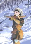  1girl aiming aiming_at_viewer bandana belt blonde_hair crossbow gloves green_bandana highres hild_(vinland_saga) outdoors snow tunic user_uvyu8777 viking vinland_saga winter 