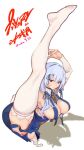  1girl absurdres armpits bangs bare_shoulders blue_dress breasts character_request cleavage copyright_request dress full_body highres kneepits large_breasts leg_hold leg_lift leg_up looking_at_viewer pov purple_eyes side_ponytail sideboob solo split standing standing_on_one_leg standing_split thighhighs white_background white_hair white_thighhighs wr_(karakusa_senbei) 