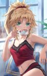  1girl bangs bare_shoulders blonde_hair braid breasts camisole collarbone cup drinking fate/apocrypha fate_(series) french_braid green_eyes highres lace_trim long_hair looking_at_viewer midriff mordred_(fate) mordred_(fate/apocrypha) navel panties parted_bangs ponytail red_camisole red_panties sidelocks small_breasts solo teacup tonee underwear 