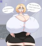 big_breasts big_butt blonde_hair blue_eyes blush breasts butt clothed clothing curvy_figure digital_media_(artwork) duo english_text eyewear female glasses hair hi_res huge_breasts huge_butt human legwear looking_at_viewer male male/female mammal popansfw school speech_bubble student teacher teacher_and_student text thick_thighs thigh_highs wide_hips 