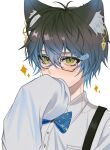 1boy animal_ears antenna_hair blue_bow blue_bowtie blue_hair bow bowtie brown_hair cat_ears collared_shirt cooltg2 dress_shirt earrings eyewear_strap glasses green_eyes highres ike_eveland jewelry kemonomimi_mode looking_at_viewer male_focus multicolored_eyes multicolored_hair nijisanji nijisanji_en nose shirt short_hair simple_background sleeves_past_fingers sleeves_past_wrists solo sparkle virtual_youtuber white_background yellow_eyes 