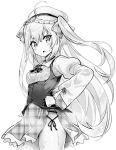  1girl ahoge azur_lane blush breasts crescent_(azur_lane) greyscale hand_on_hip hat hori_(hori_no_su) long_hair long_sleeves looking_at_viewer monochrome parted_lips simple_background small_breasts solo sweat white_background 