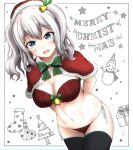  1girl absurdres arms_behind_back bell black_thighhighs blue_eyes box bra breasts capelet christmas_stocking gift gift_box grey_hair h2_(h20000000) hat highres kantai_collection kashima_(kancolle) large_breasts merry_christmas navel panties red_bra red_capelet red_headwear red_panties santa_hat side-tie_panties sidelocks snowman solo thighhighs twintails underwear wavy_hair 