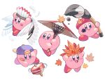  :o arms_up backwards_hat bandaid bandaid_on_face baseball_cap beret blue_eyes blue_headwear blush blush_stickers commentary_request copy_ability crown facepaint feathered_wings feathers frown gem hat headdress holding holding_paintbrush kirby kirby_(series) leaf looking_away maple_leaf multiple_views mutekyan native_american_headdress no_humans oil-paper_umbrella open_mouth paint_splatter paint_splatter_on_face paintbrush parted_lips red_headwear smile spinning_top umbrella v-shaped_eyes white_background white_wings wings 