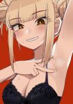  1girl absurdres armpits bangs bare_shoulders black_bra blonde_hair blunt_bangs blush boku_no_hero_academia bra breasts bright_pupils brown_eyes cleavage double_bun grin hair_bun hand_up highres lace-trimmed_bra lace_trim looking_at_viewer medium_breasts nanomitw_(jackson2444) presenting_armpit red_background short_hair_with_long_locks simple_background smile solo spread_armpit sweat toga_himiko underwear upper_body v yellow_nails 