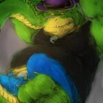  2022 alligator alligatorid anthro belly bottomwear brok_(character) brok_the_investigator clothing crocodilian green_body hat headgear headwear kemono laohu male overweight overweight_male pants reptile scalie shirt solo topwear video_games 