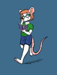  anthro barefoot blue_eyes book bottomwear clothing feet female fennicthefox fur hair hi_res mammal mouse murid murine occam_(character) reading red_hair redwall rodent shirt shorts smile solo t-shirt topwear walking white_body white_fur 