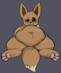  absurd_res belly big_belly brown_body canid canine digital_media_(artwork) eevee feral fur generation_1_pokemon hi_res hindpaw looking_at_viewer mammal navel nintendo open_mouth overweight paws pokemon pokemon_(species) simple_background solo somekindajackal video_games 