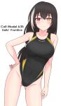  1girl absurdres alternate_costume ass_visible_through_thighs black_hair blush breasts character_name competition_swimsuit covered_nipples dutch_angle english_text frown girls&#039;_frontline gotoo grey_hair hair_between_eyes hand_on_hip heterochromia highleg highleg_swimsuit highres large_breasts long_hair looking_at_viewer multicolored_hair one-piece_swimsuit red_eyes ro635_(girls&#039;_frontline) solo streaked_hair swimsuit thighs weapon_name yellow_eyes 