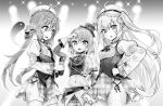  ... 3girls :d ahoge arm_up ascot azur_lane azur_lane:_slow_ahead bangs bare_shoulders beret blush bottle braid breasts closed_mouth comet_(azur_lane) crescent_(azur_lane) cross detached_sleeves frilled_skirt frills gloves greyscale groin hair_between_eyes hair_ornament hand_on_hip hand_up hands_up hat highres holding holding_bottle hori_(hori_no_su) long_hair long_sleeves low_twintails medium_breasts midriff monochrome multiple_girls navel open_mouth plaid plaid_headwear plaid_skirt pleated_skirt retrofit_(azur_lane) shared_speech_bubble shirt skirt sleeveless sleeveless_shirt small_breasts smile sparkle speech_bubble spoken_ellipsis star_(symbol) star_hair_ornament sweat thighhighs tilted_headwear twintails very_long_hair z23_(azur_lane) z23_(serious_idol_@acting_manager?!)_(azur_lane) 