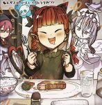  4girls absurdres andanon animal_ears bangs blunt_bangs blush bow braid cat_ears closed_eyes cup drink drinking_glass drooling extra_ears fangs food fork halo happy heart heart_tail highres holding holding_fork holding_knife indoors kaenbyou_rin knife mouth_drool multiple_girls mystia_lorelei open_mouth plate pointy_ears red_hair steak table tail tongue tongue_out touhou tray twin_braids wings zombie_fairy_(touhou) 