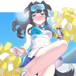  1girl animal_ears bangs black_hair blue_archive blush breasts cheerleader crop_top dog_ears dog_girl dog_tail eyewear_on_head from_below goggles goggles_on_head halo hibiki_(blue_archive) hibiki_(cheerleader)_(blue_archive) leg_up long_hair looking_at_viewer medium_breasts midriff navel nose_blush open_mouth pleated_skirt pom_pom_(cheerleading) skirt sleeveless solo tail tarte 