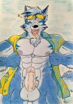  abs absurd_res anthro balls barazoku blue_body blue_eyes blue_fur blue_hair canid canine canis clothed clothing dashthefox erection eyewear eyewear_on_head fluffy fluffy_tail fur genitals hair happy hi_res inviting lifewonders looking_at_viewer male mammal markers markings muscle_shirt muscular naughty_face nipples one_eye_closed open_clothing open_mouth open_shirt open_topwear partially_clothed pastels pecs penis prick_ears sharp_teeth shirt solo star sunglasses sunglasses_on_head teeth tindalos_(tas) tokyo_afterschool_summoners tongue tongue_out topwear traditional_media_(artwork) vein veiny_penis video_games wolf 