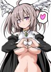  1girl ahoge blush breasts brown_hair character_request frown head_wings heart heart-shaped_boob_challenge heart_hands large_breasts long_hair looking_at_viewer navel out-of-frame_censoring pink_hair robe sennen_sensou_aigis solo spoken_heart tsuzuri_(tuzuri) underboob upper_body 