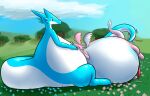  2016 anthro belly belly_inflation big_belly blue_body bodily_fluids claws dripping duo firo_(firolina) firolina genital_fluids genitals glistening herm hi_res inflation intersex intersex/intersex leaning_on_another looking_at_another lying meadow on_front outside penis pink_body precum precum_drip scent_dragon sex sitting sound_effects spikes tail_fetish tail_milk tail_play tail_sex white_body 